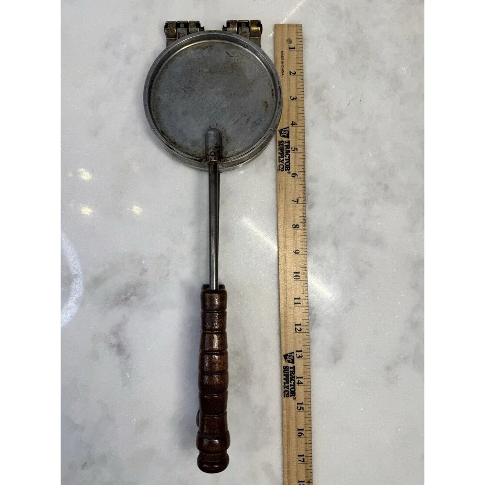 Vintage Cast Aluminum Cookie Press Mold Waffle with Iron and Wood Handle